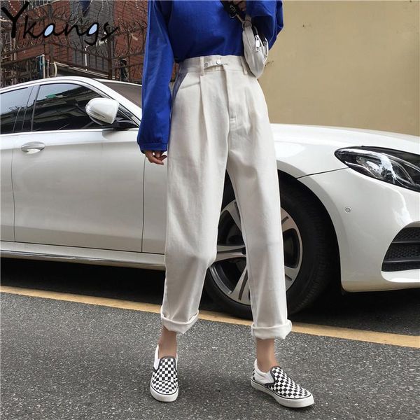

women's jeans women harem pants fashion high waist loose white denim mom female black buttons trousers spring 2021 streetwear, Blue