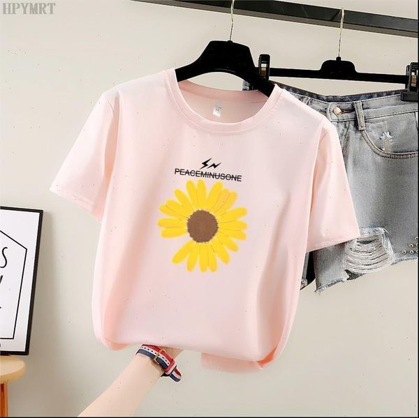 

summer womens new small daisy printed t shirt korean version of loose female t shirt fashion large size pink tshirt, White