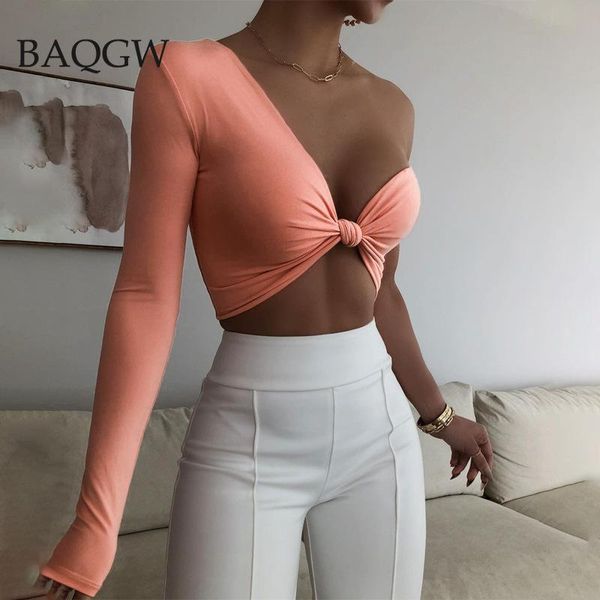 

women's t-shirt women irregular t shirts one shoulder crop skew collar off long sleeve slim fit solid basic bodycon y2k tees, White