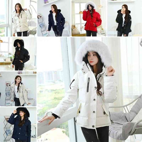 

2021 new canadian scissors 3q down big fox fur collar long sleeve hooded winter warm jacket, Black