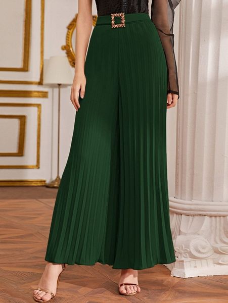

rhinestone buckle belted wide leg pleated pants v7cf#, Black;white