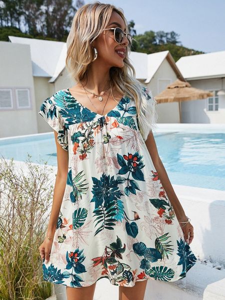 

tropical print butterfly sleeve smock dress p1si#, Black;gray