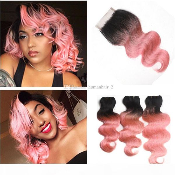 

pink ombre human hair bundles with lace closure t1b pink european virgin hair 3bundles and closure two tone body wave double weft, Black;brown