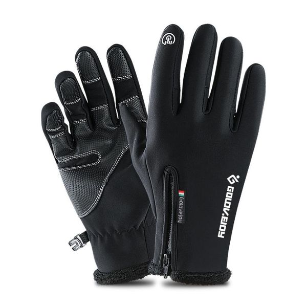

sports gloves outdoor waterproof winter touch screen men and women windproof warm riding all-finger zipper movement plus velvet, Black