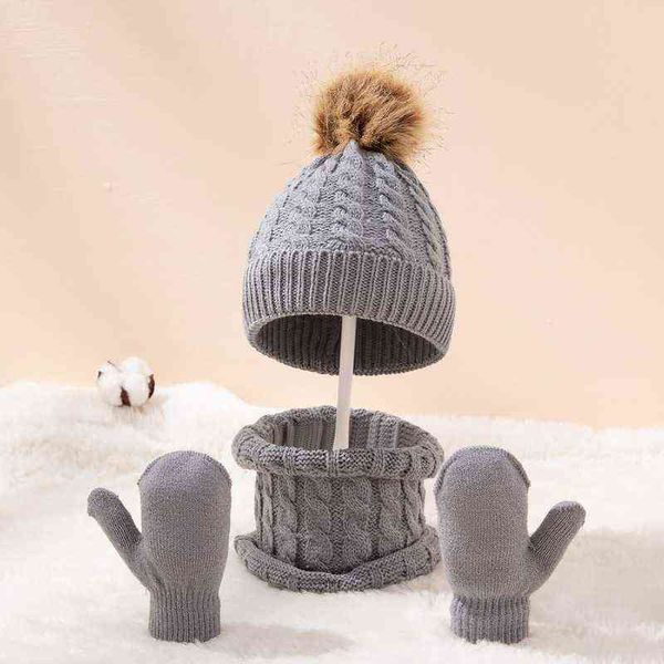 Süße Mütze Schal Set Beanie Mütze Handschuhe 3 Stück Kinderhüte Mädchen Fake Ball Pompon Warm halten Winter Gestrickte Skullies Kinder Knochen