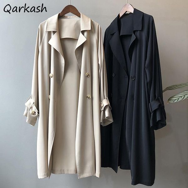 

women's trench coats women fall 2021 double breasted windbreaker loose temperament solid over-the-knee long sleeve harajuku oversize ch, Tan;black