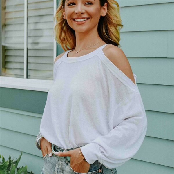 

fashion women summer off shoulder long mouwen shirt losse casua t-shirt tea beach boho color, White