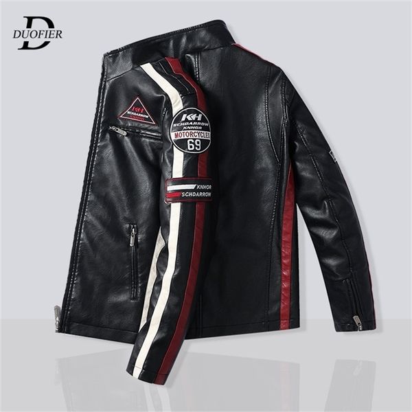

mens motorcycle jacket autumn winter men pu leather jackets casual embroidery biker bomber coat zipper fleece overcoat 211110, Black