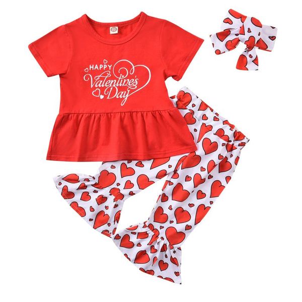 

clothing sets born baby girls clothes valentine's day letter heart print bell-bottomed pants headband set children's girl, White