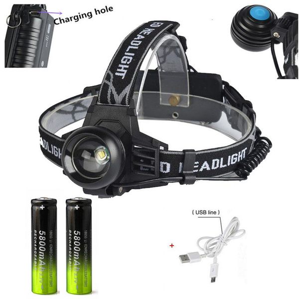 

new led headlamp lamp xm-l t6 3000 lumens 3 mode led headlight rechargeable head light+usb line+2x18650 battery