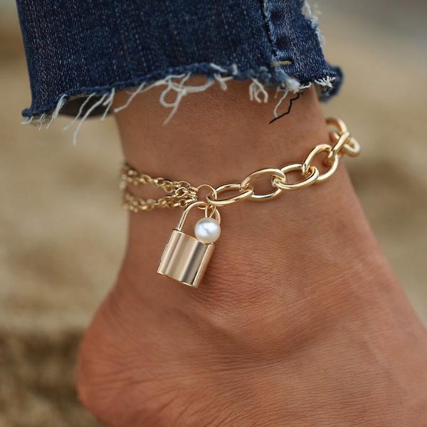 

anklets vagzeb 2021 fashion punk vintage female summer beach jewelry bohemian gold color lock pearl for women wholesale, Red;blue