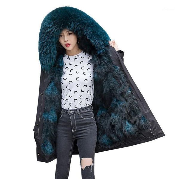 

women's fur & faux jacket winter women liner parka real coat female raccoon collar long coats oversized jackets my4380 s, Black
