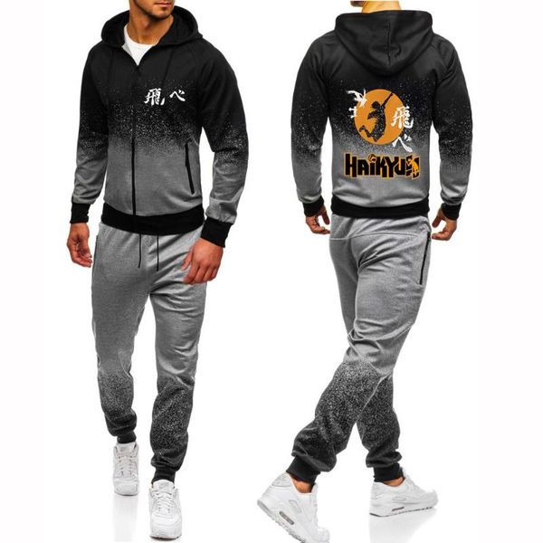 

men's tracksuits 2021 anime haikyuu karasuno high school set harajuku jacket sport suits hip hop male gradient hoodies casual sweatpant, Gray