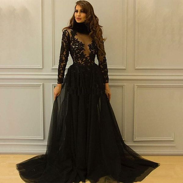 Vintage árabe preto longo vestidos de noite formal v-pescoço applique lace top illusion from festa vestido yousef aljasmi 2021 mulheres vestido de celebridade