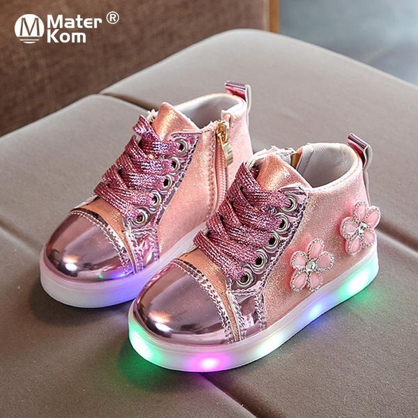 

size 21-30 cute girls shoes with lights children princess luminous shoes for little baby toddler glowing led sneakers for kids, Black;red
