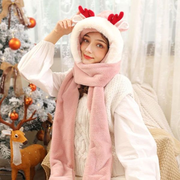 

berets wool three-piece warm and soft female christmas gift antlers gloves bib cap scarf hat set winter, Blue;gray