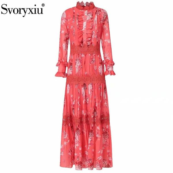 

casual dresses svoryxiu runway autumn elegant party long dress women's sleeve embroidery applique flower print maxi vestdios, Black;gray