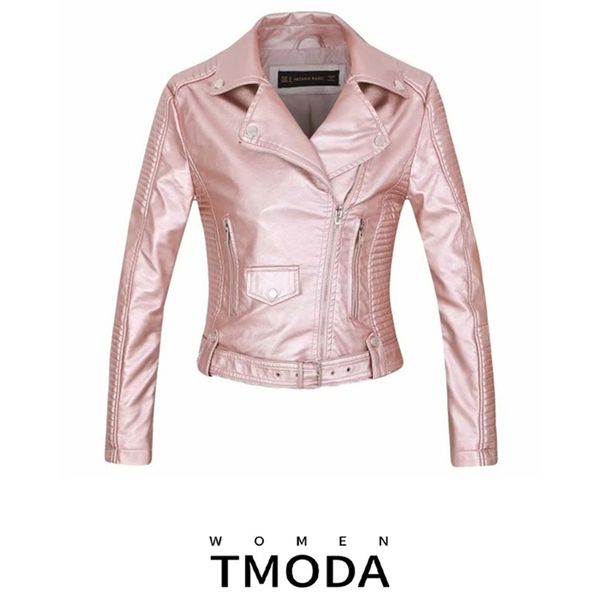 

tmoda266 autumn witner streetwear women motorcycle faux pu leather pink jackets lady biker outerwear zipper coat with belt 211215, Black