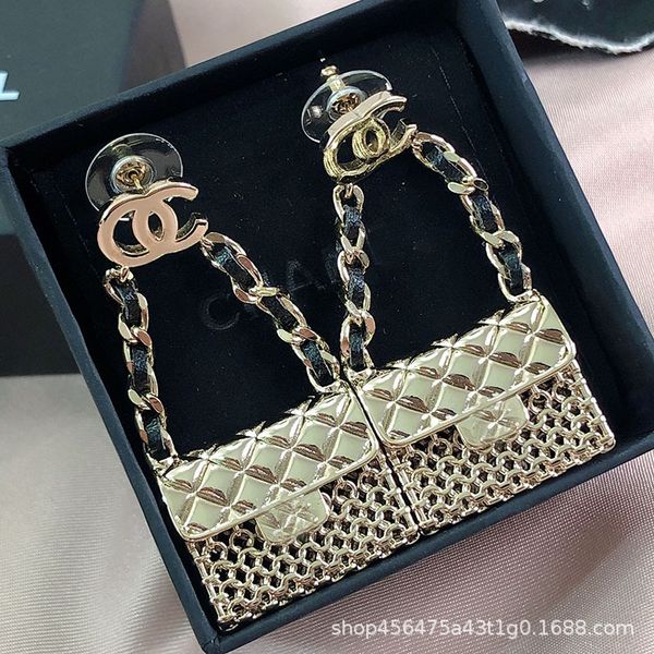 

21 small fragrant female diamond bag shape leather chain medium long s925 silver needle earrings anti allergy, Golden