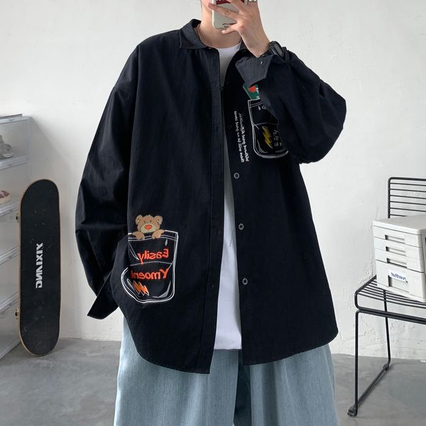 

men's casual shirts beautiful homemade dirty shop of cartoons graffiti work long sleeve men's shirt clothes fashion casual loose b, White;black