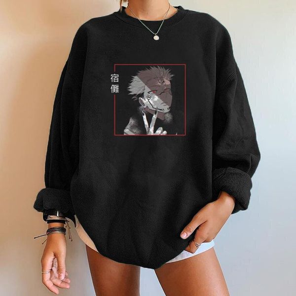 

women's hoodies & sweatshirts seeyoushy anime jujutsu kaisen print women long sleeve casual crewneck drop-shoulders pullovers moletom c, Black