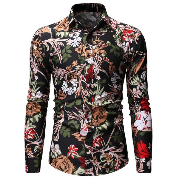 

long sleeve shirts for men 2021 new fashion slim fit printed floral shirts good quality men formal wear casual size xxl, White;black