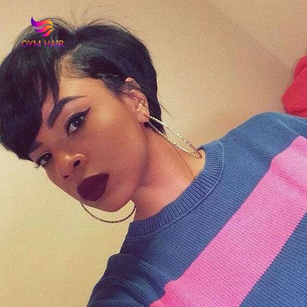 

lace wigs human hair pixie cut straight bob wig remy short for women part with bang, Black;brown