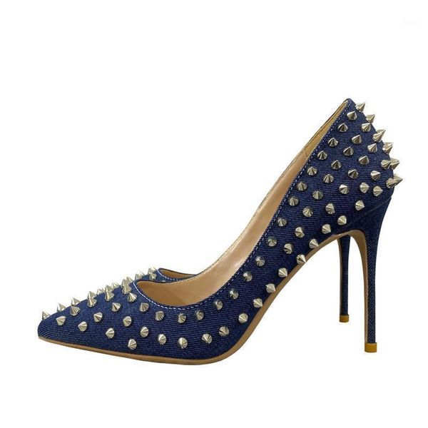 

dress shoes rivets design denim blue pointed toe 10cm 12cm high heels wedding daily wear shallow dating work women pumps md043 roviciya, Black