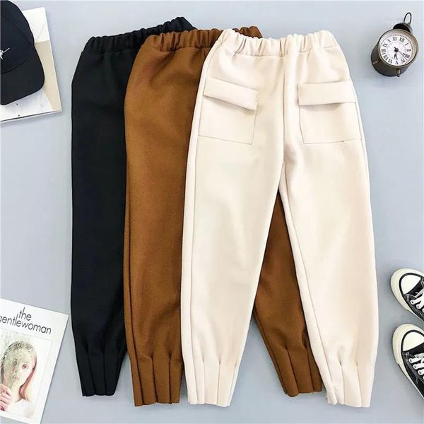 

women's pants & capris winter women thicken warm streetwear high waist harem leisure woolen trousers pockets elastic soft cashmere hq64, Black;white