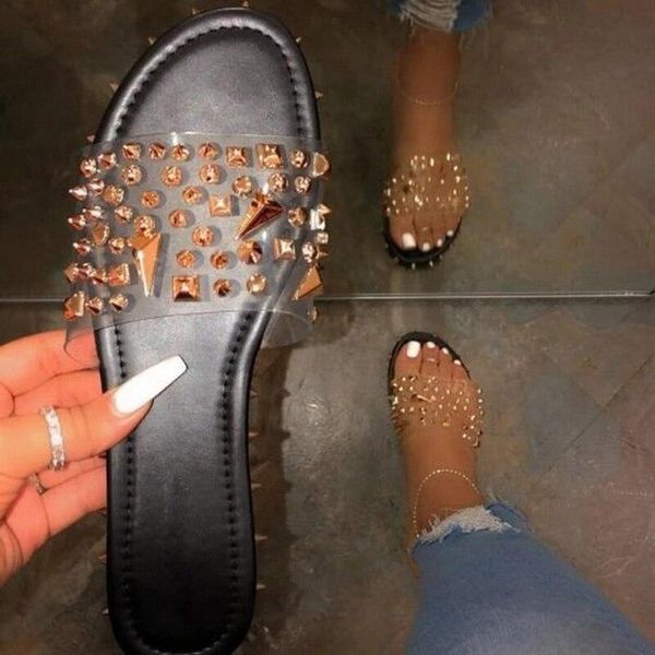 

pvc transparent women slippers summer sandals open toe gold rivets studs ladies beach flat shoes woman gladiator slipper, Black