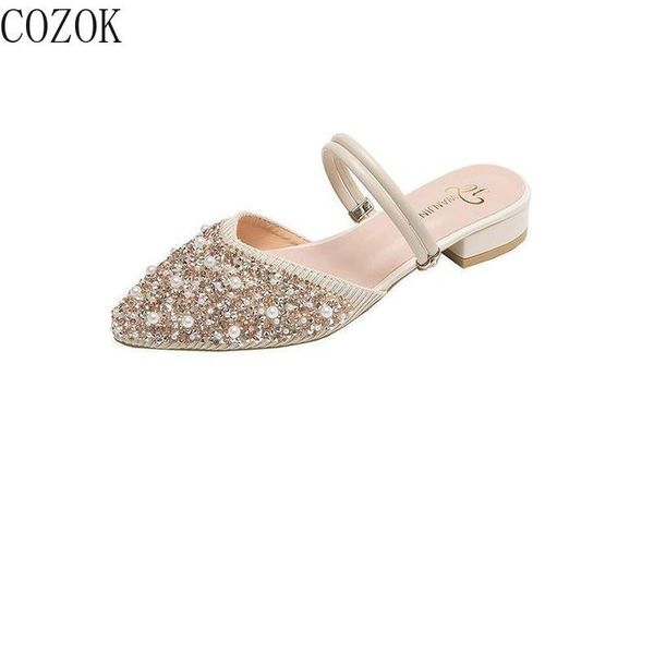 

spring outdoor women's slippers fashion all-match mature shoe upper pearl embellished elegant women's half slippers, Black