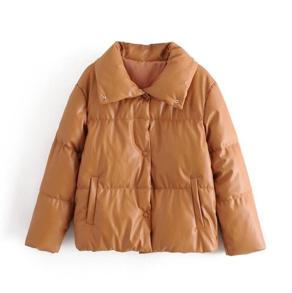 

women brown faux leather jacket cotton coat oversized buttons 2021 winter female pu turn down collar warm jacket overcoat p1962, Black