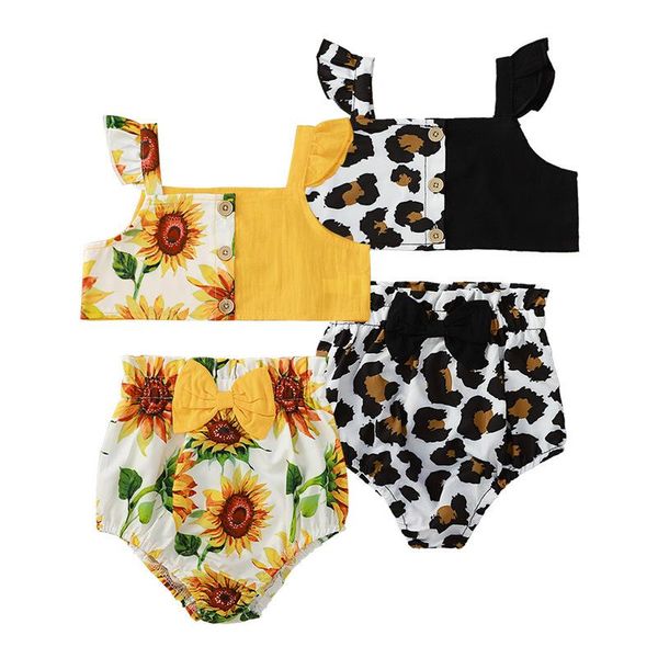 

clothing sets summer toddler kids girls set sunflower print vest + shorts 2pcs, White