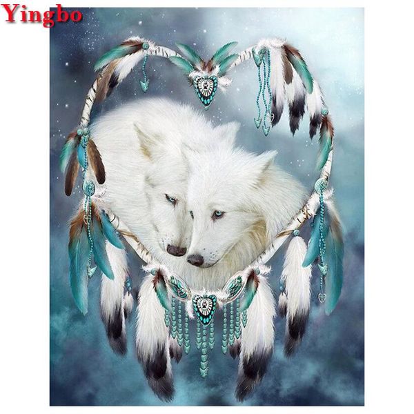 

diamond painting 5d diy white wolf full square embroidery dream catcher mosaic cross stitch wall sticker decor