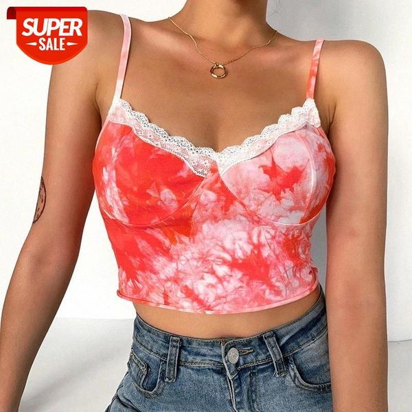 

summer tie-dye spaghetti strap v-neck with lace red camis aesthetics backless party streetwear new #ru1l, White