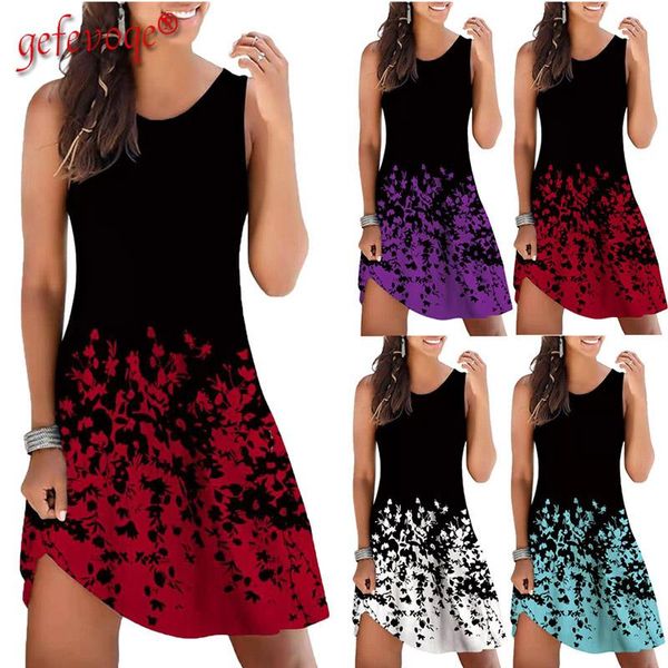 

casual dresses summer fashion women clothes round neck print midi dress loose sleeveless vacation vestido de mujer, Black;gray