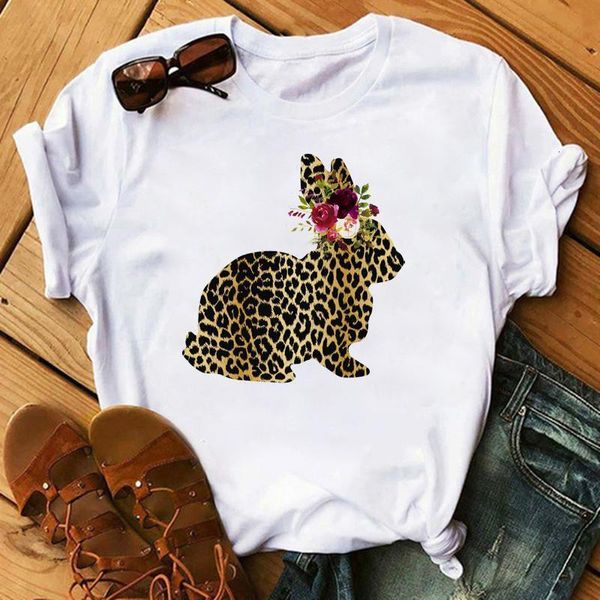 

cute rabbit leopard print women tshirt cartoon animal printed short sleeve tees fashion casual t-shirts round neck female, White
