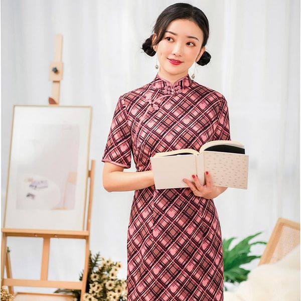 

ethnic clothing yihongyansi * wen spring and autumn chiffon disorderly printed vintage cheongsam improved dress lady, Red
