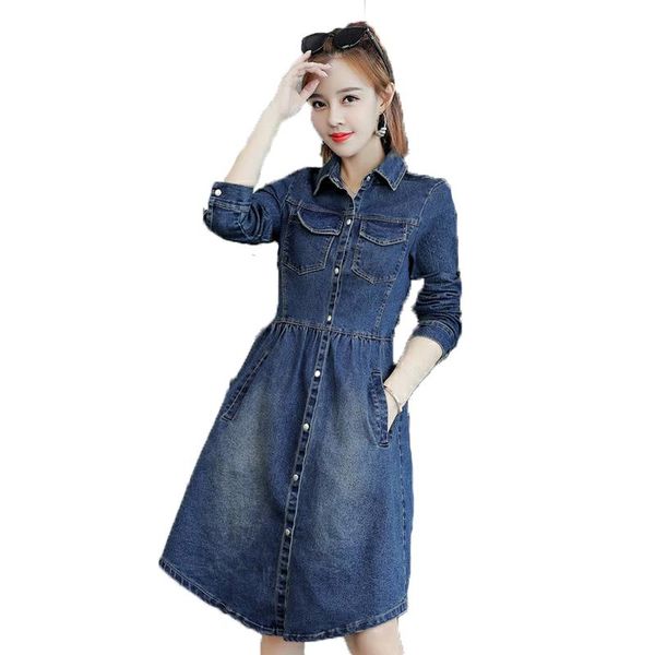 

casual dresses spring autumn women denim dress fashion single-breasted long sleeve knee length elegant slim office lady work jean, Black;gray