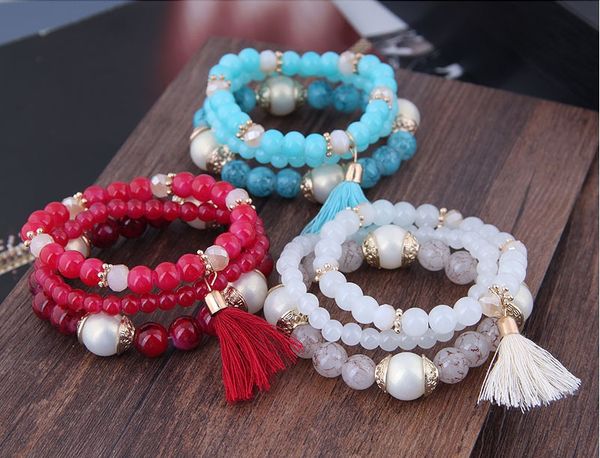 

2021 bohemian 3-piece tassel pendant beads women's bracelet imitation pearl jewelry accessories women's bracelet set bohemian, Golden;silver