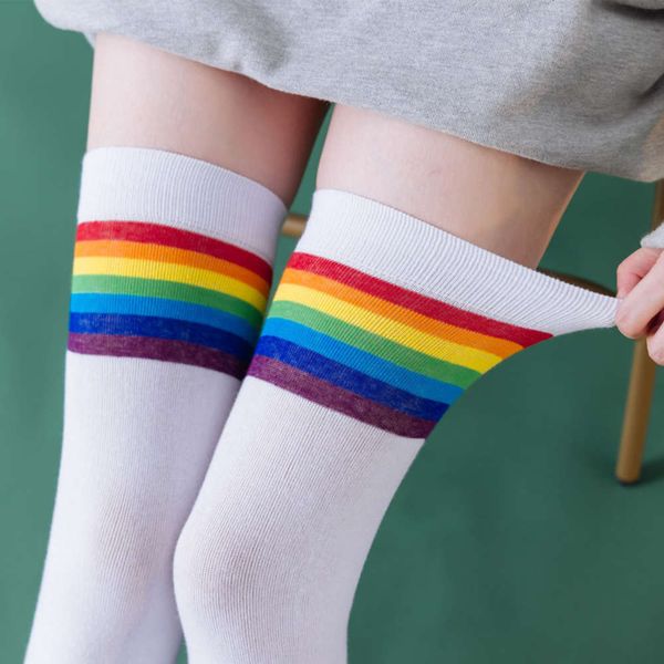 

autumn winter rainbow stripe knee over knee khmer college style thigh, Black;white