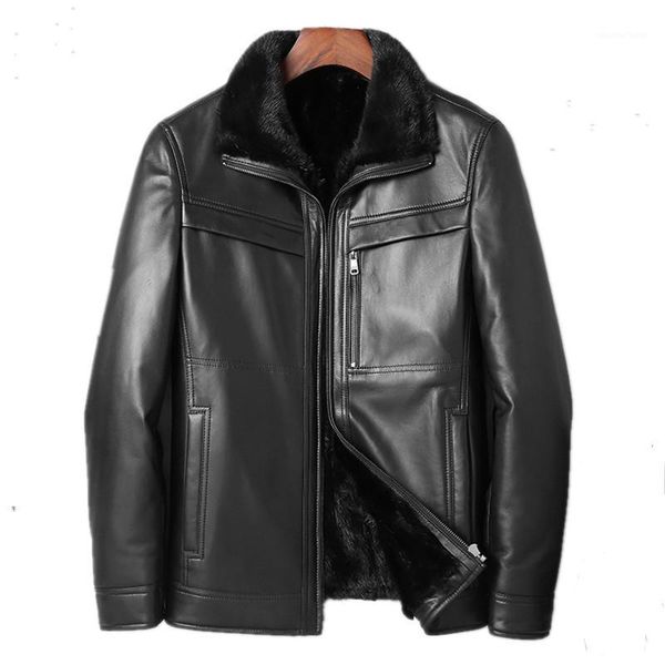 

men's leather & faux genuine jacket men real liner warm coat winter sheepskin coats plus size l18-5800 my1601, Black