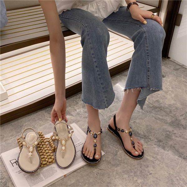 

sandals 2021 comfort shoes for women all-match clear heels suit female beige bohemian flat rhinestone summer black fashion