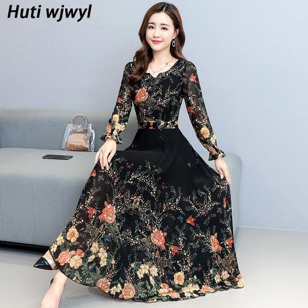 

casual dresses 3xl plus size vintage print chiffon midi dress 2021 autumn elegant women boho maxi party long sleeve black vestidos, Black;gray