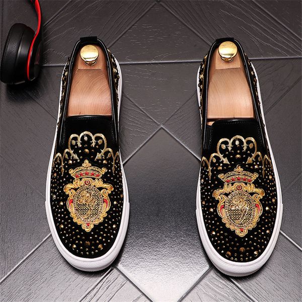

suede dress fashion shoes male leather embroidered strass moccasins of casual men printed shoes driving party apartments v703, Black