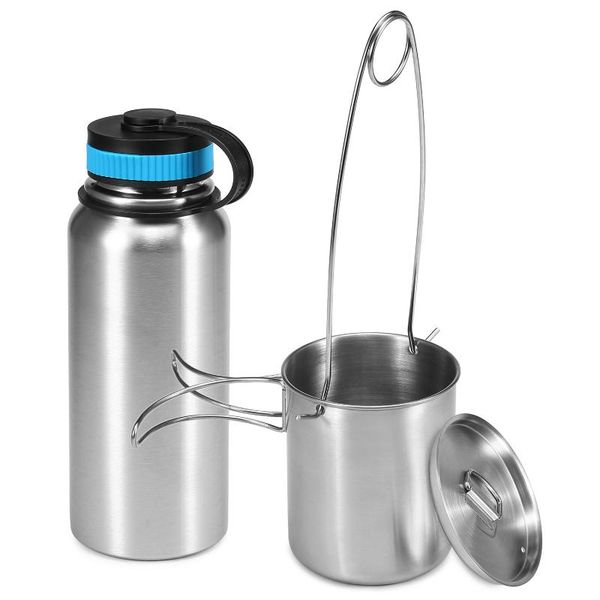 

water bottle 1l stainless steel vacuum insulated w/ 700ml cup hanging pot for outdoor survival camping hiking backpacking