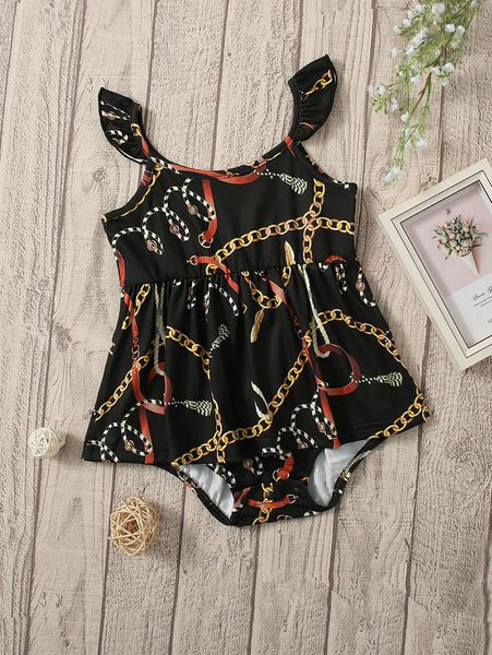 

baby chain print ruffle trim combo bodysuit dress she, Red;yellow