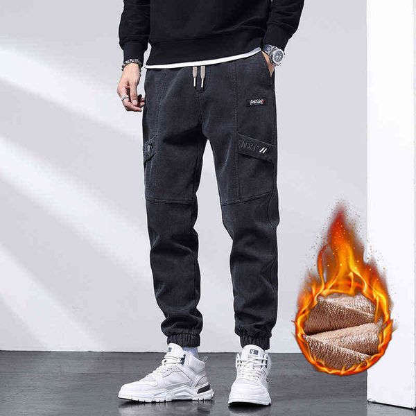 

jeans plush thickened loose trend 2021 winter warm casual pants men's tether elastic waist comfortable and versatile, Blue