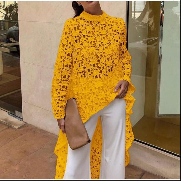 

women lace hollow out shirts long sleeve irregular stand collar female loose blouses 2021 summer lady elegant solid beach, White