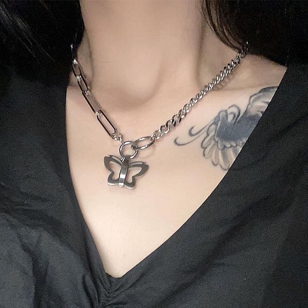 

chains hollow butterfly punk necklace for women pendant asymmetry choker 2021 fashion trendy creative hip-hop elegant jewelry, Silver
